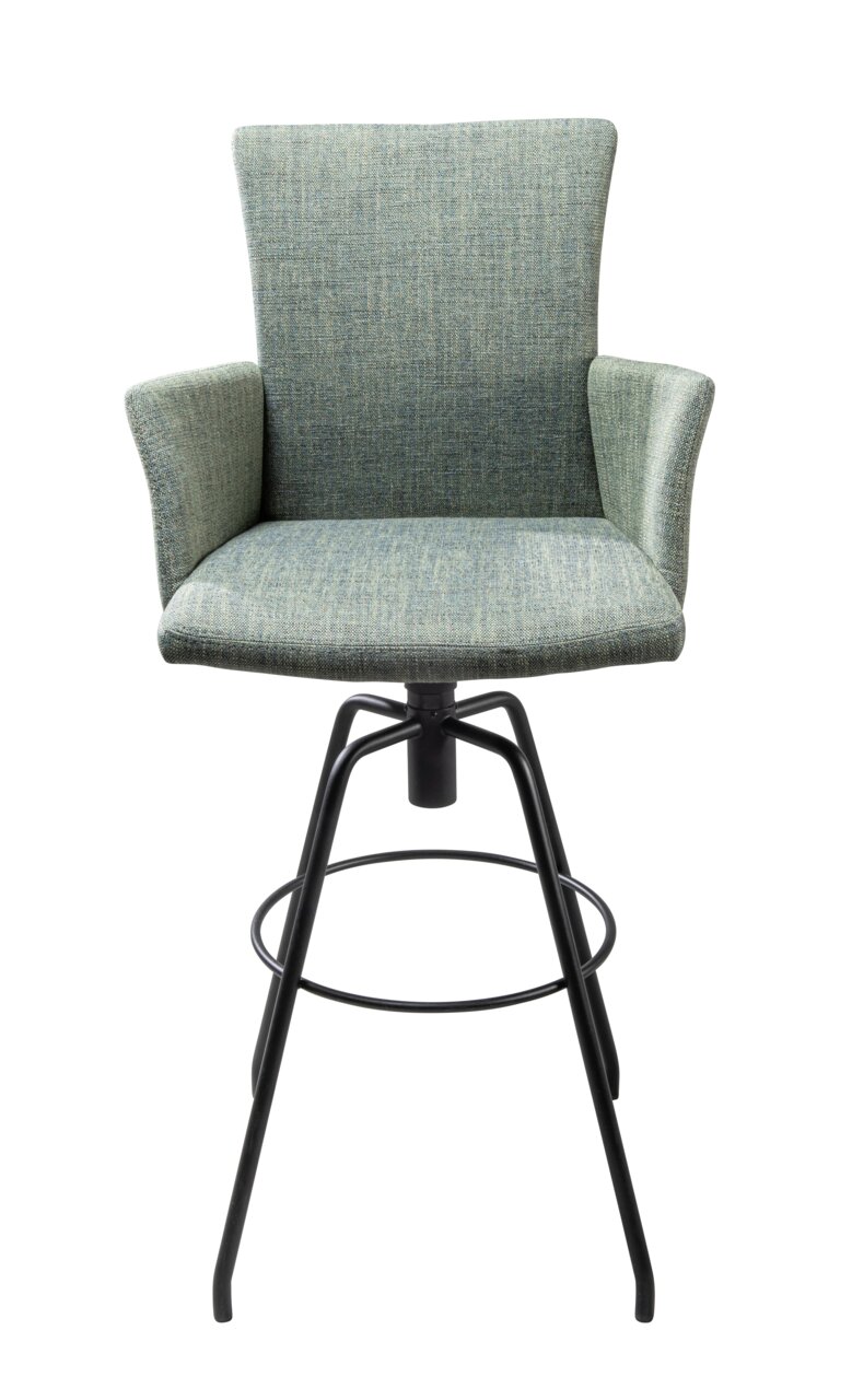 Moderner Barhocker mit gepolstertem Sitz und Rückenlehne in blauer Stoffoptik, schwarzes Metallgestell, Frontalansicht