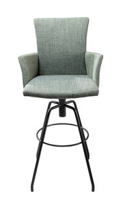 Moderner Barhocker mit gepolstertem Sitz und Rückenlehne in blauer Stoffoptik, schwarzes Metallgestell, Frontalansicht