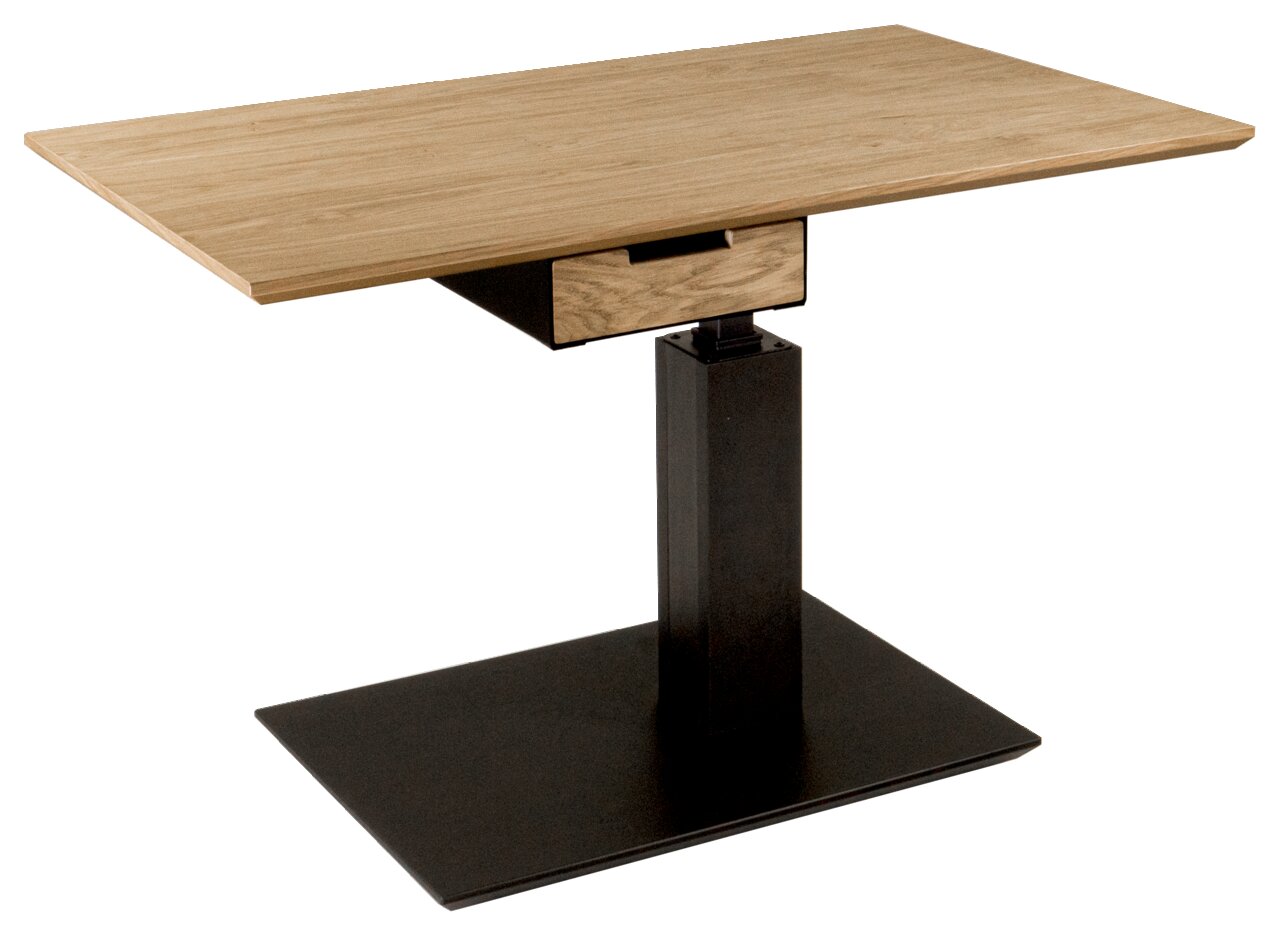 Moderner Couchtisch mit Holzplatte und schwarzem Metallfuß, seitliche Perspektive