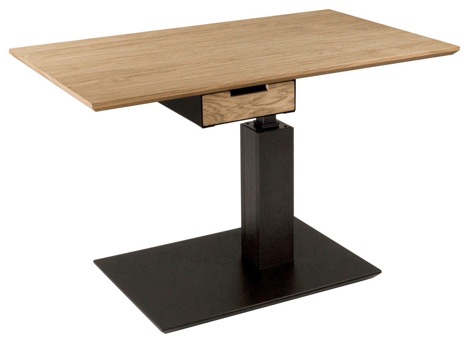 Moderner Couchtisch mit Holzplatte und schwarzem Metallfuß, seitliche Perspektive