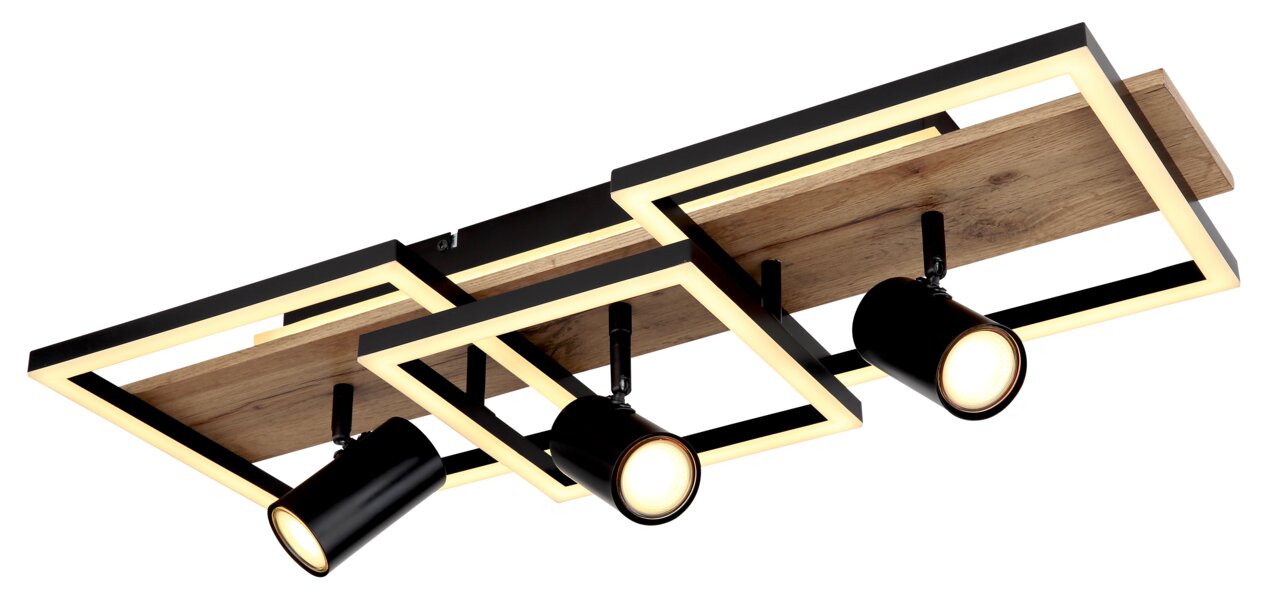 Moderne Deckenleuchte mit rechteckigen LED-Rahmen und schwarzen Strahlern, seitliche Perspektive