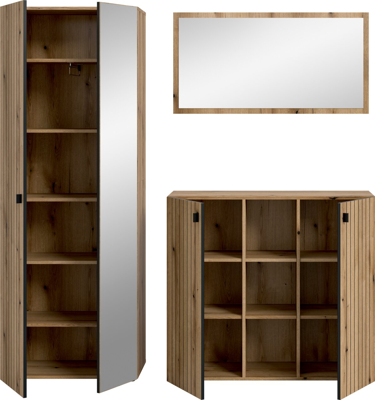 Wohnzimmermöbel-Set aus Holzoptik mit hohem Schrank, Sideboard und rechteckigem Wandspiegel, Türen geöffnet, Frontansicht leicht schräg von vorn