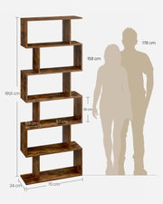 Frontansicht eines hohen, asymmetrischen Standregals in dunkler Holzoptik mit versetzt angeordneten offenen Fächern; Maße ca. 191,6 cm hoch, 70 cm breit und 24 cm tief, mit Maßangaben und Personensilhouetten zum Größenvergleich.