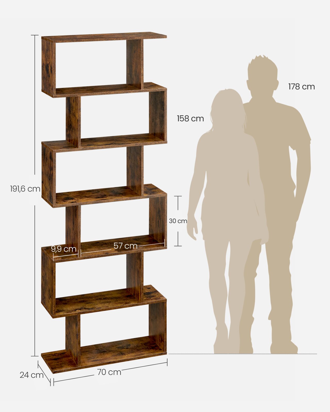 Frontansicht eines hohen, asymmetrischen Standregals in dunkler Holzoptik mit versetzt angeordneten offenen Fächern; Maße ca. 191,6 cm hoch, 70 cm breit und 24 cm tief, mit Maßangaben und Personensilhouetten zum Größenvergleich.