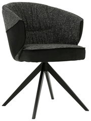 Moderner Armlehnstuhl mit schwarzem Stoffbezug und vier schwarzen Metallbeinen, seitliche Perspektive