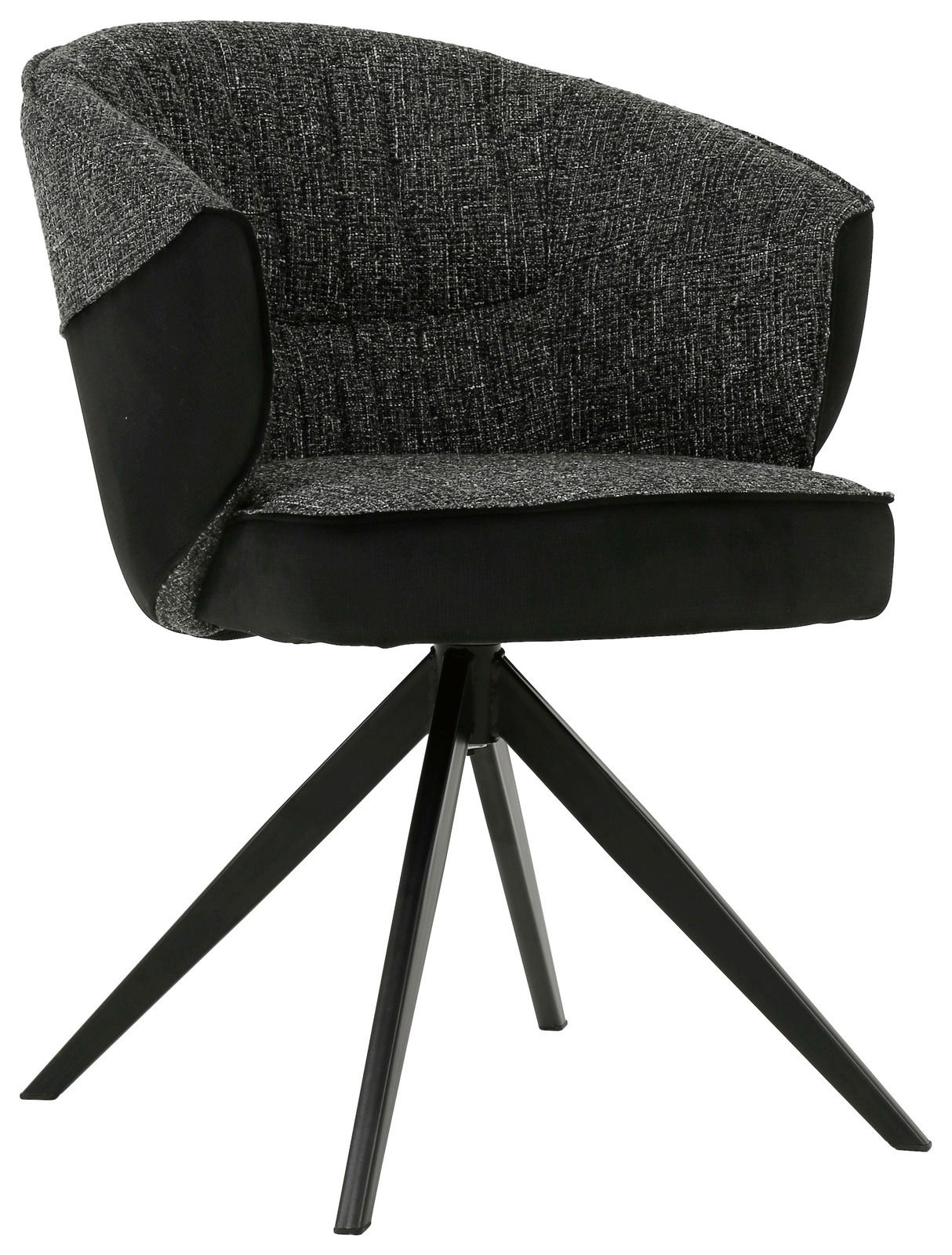 Moderner Armlehnstuhl mit schwarzem Stoffbezug und vier schwarzen Metallbeinen, seitliche Perspektive