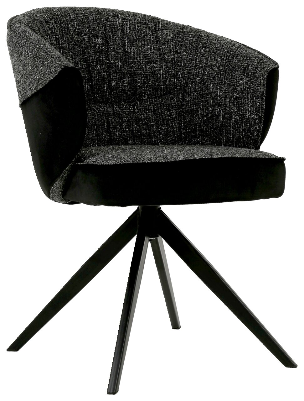 Moderne fauteuil met zwarte stoffen bekleding en vier zwarte metalen poten, zijaanzicht