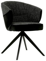 Moderne fauteuil met zwarte stoffen bekleding en vier zwarte metalen poten, zijaanzicht