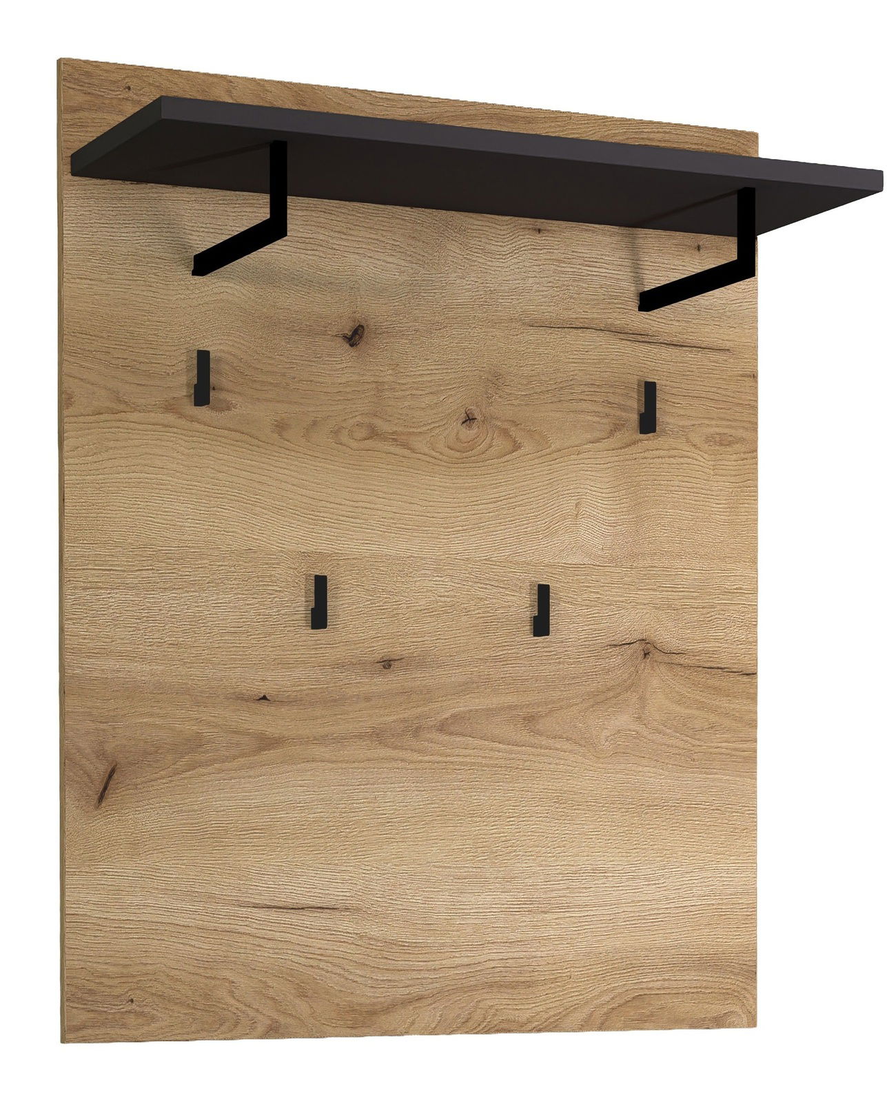 Garderobenpaneel aus Holz mit schwarzer Ablage und Haken, seitliche Perspektive