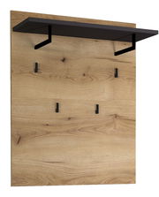 Garderobenpaneel aus Holz mit schwarzer Ablage und Haken, seitliche Perspektive