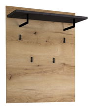 Garderobenpaneel aus Holz mit schwarzer Ablage und Haken, seitliche Perspektive