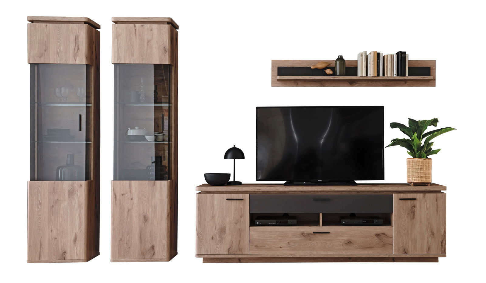Wandkombination MODENA in Holzoptik mit zwei hohen Vitrinen, einem TV-Board und einem Wandregal, frontal abgebildet.