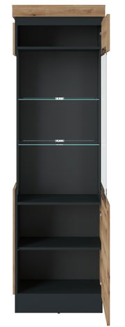 Vitrine mit Holzelementen und Glaseinlegeböden, geöffnete Türen, Frontalansicht