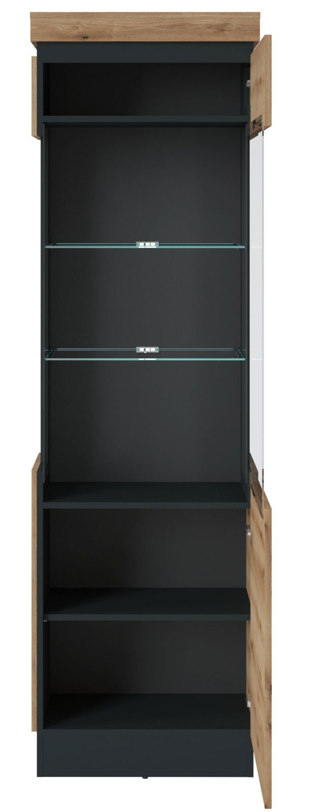 Vitrine mit Holzelementen und Glaseinlegeböden, geöffnete Türen, Frontalansicht