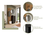 Moderner Eingangsbereich mit rundem Spiegel und Holzpaneel, schwarzem Schrank und Garderobenhaken, seitliche Perspektive.