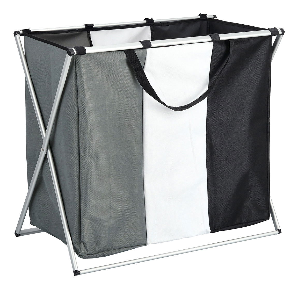 Dreifarbiger Wäschesammler mit drei Fächern, seitliche Perspektive