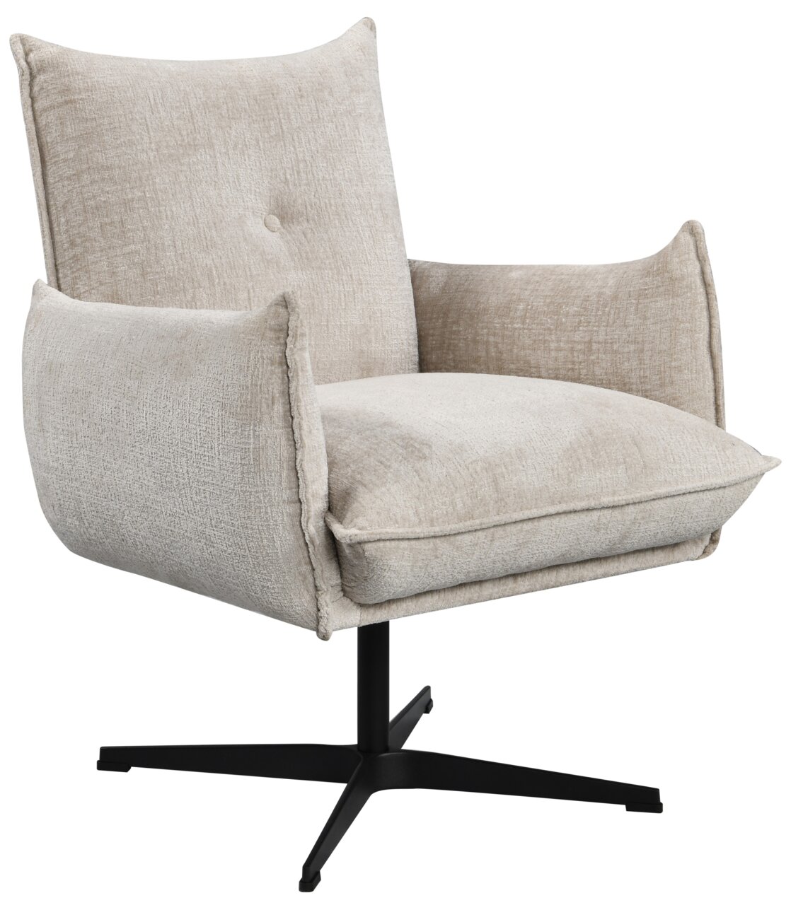Beige relaxfauteuil IRENA met zwarte draaivoet, zijaanzicht