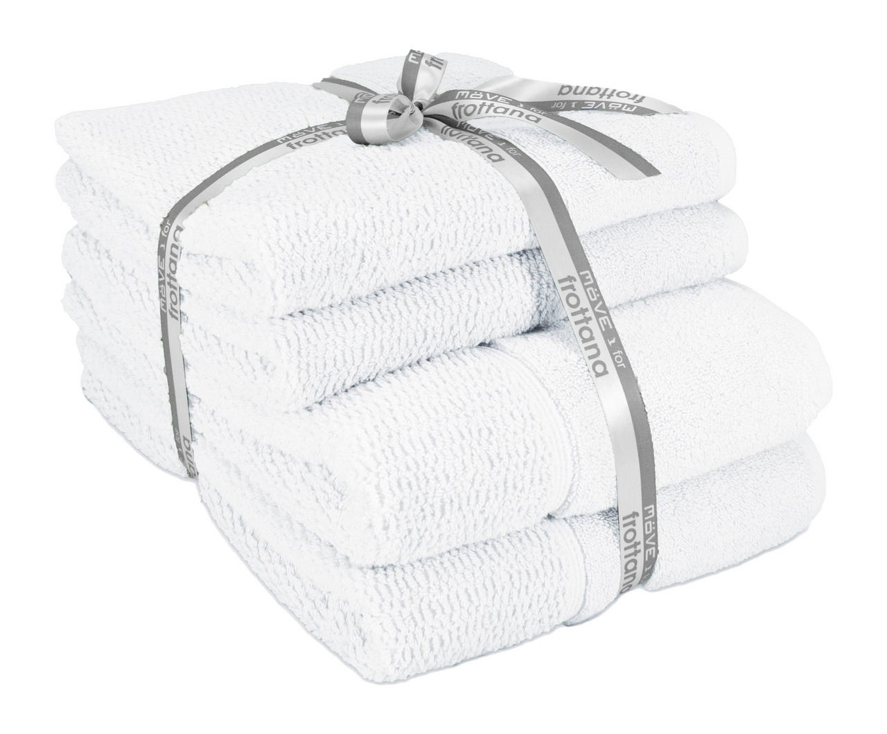 Vier weiß gefaltete Handtücher, gestapelt und mit einem grauen Band zusammengebunden, aus der Seitenperspektive fotografiert.