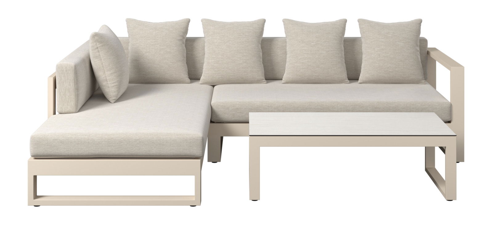 Frontale Ansicht eines modernen Lounge-Sets mit beigen Kissen und einem passenden Tisch.