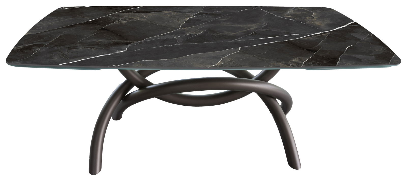 Moderner Esstisch mit schwarzer Marmorplatte und geschwungenem Metallgestell, seitliche Perspektive