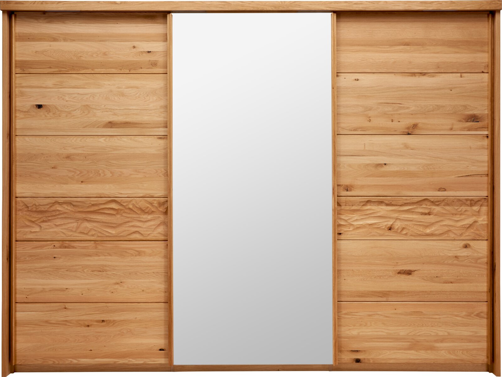 Schwebetürenschrank aus Holz mit mittigem Spiegel, Frontalansicht