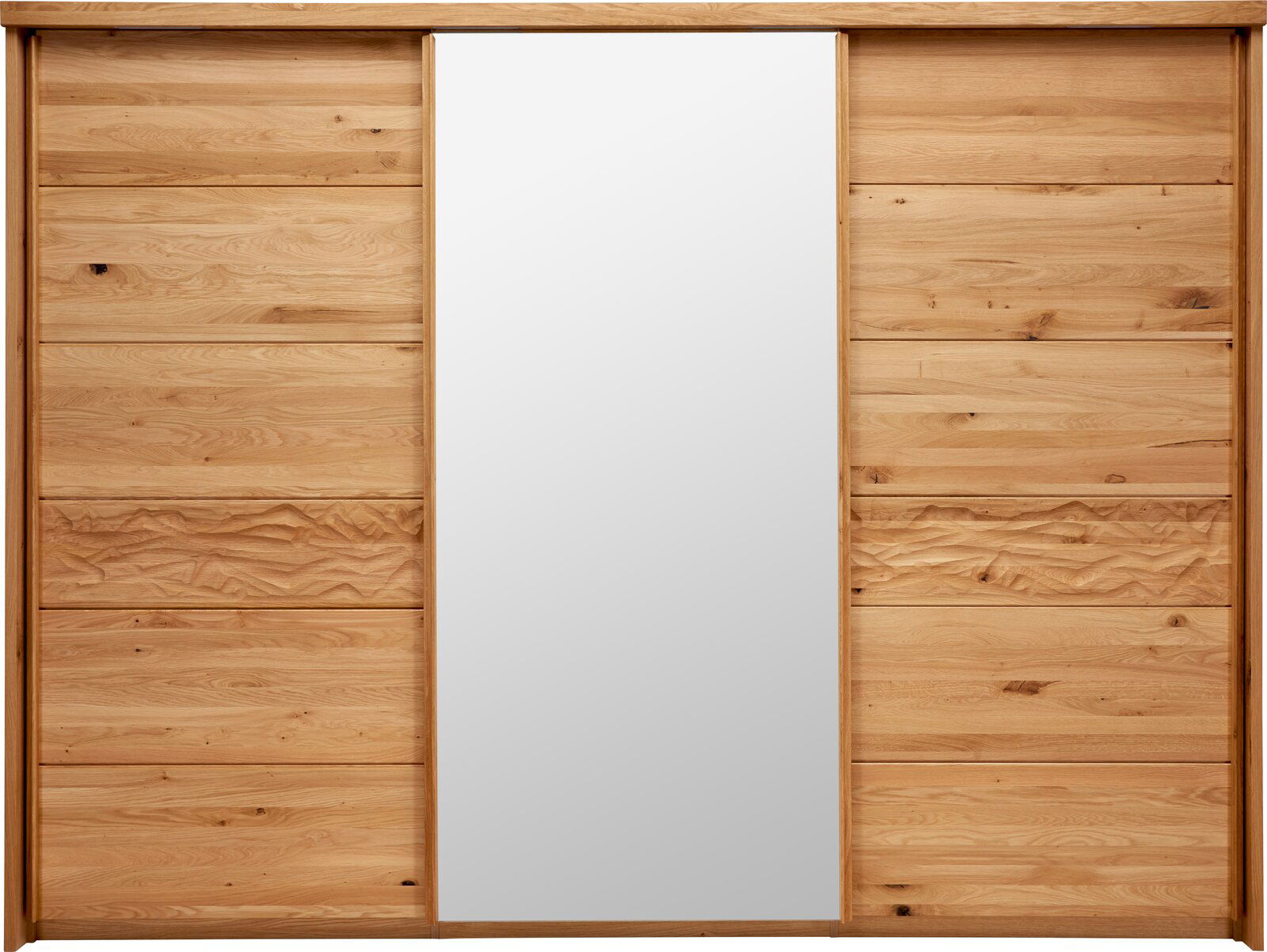 Schwebetürenschrank aus Holz mit mittigem Spiegel, Frontalansicht