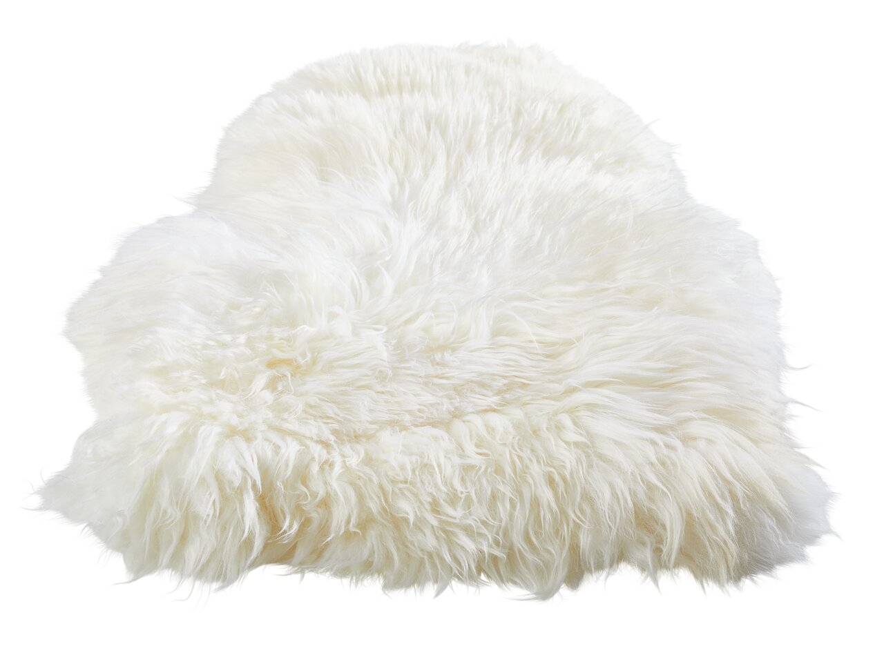 Weißes Lammfell Patchwork, ca. 45x65 cm, aus der Vogelperspektive fotografiert.