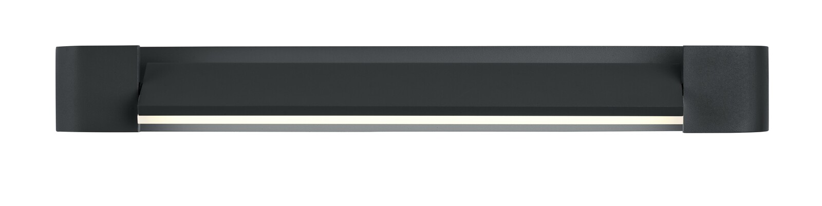 Frontansicht einer modernen, schwarzen LED-Wandleuchte mit rechteckigem Design und schmalem Lichtstreifen.