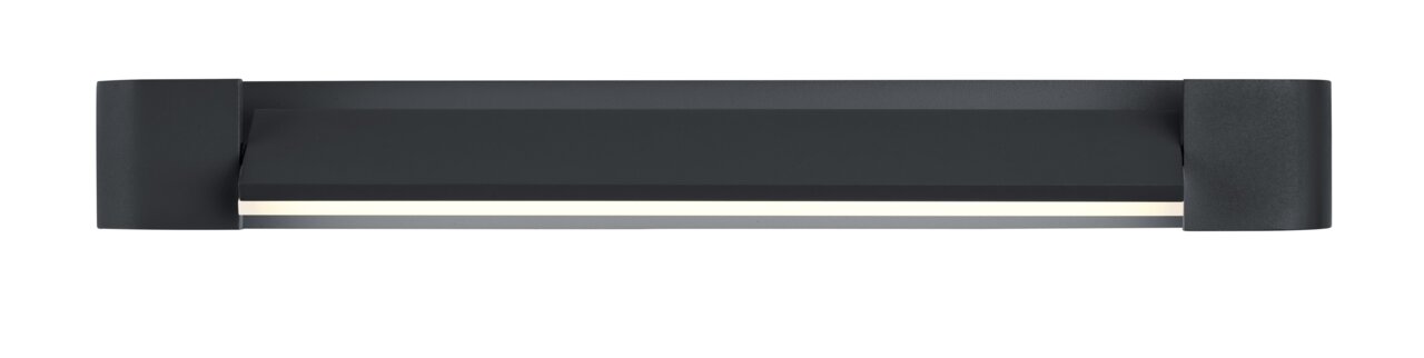 Vooraanzicht van een moderne, zwarte led-wandlamp met een rechthoekig ontwerp en een smalle lichtstrook.
