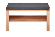 Garderobenbank aus Holz mit grauem Polster, frontal betrachtet