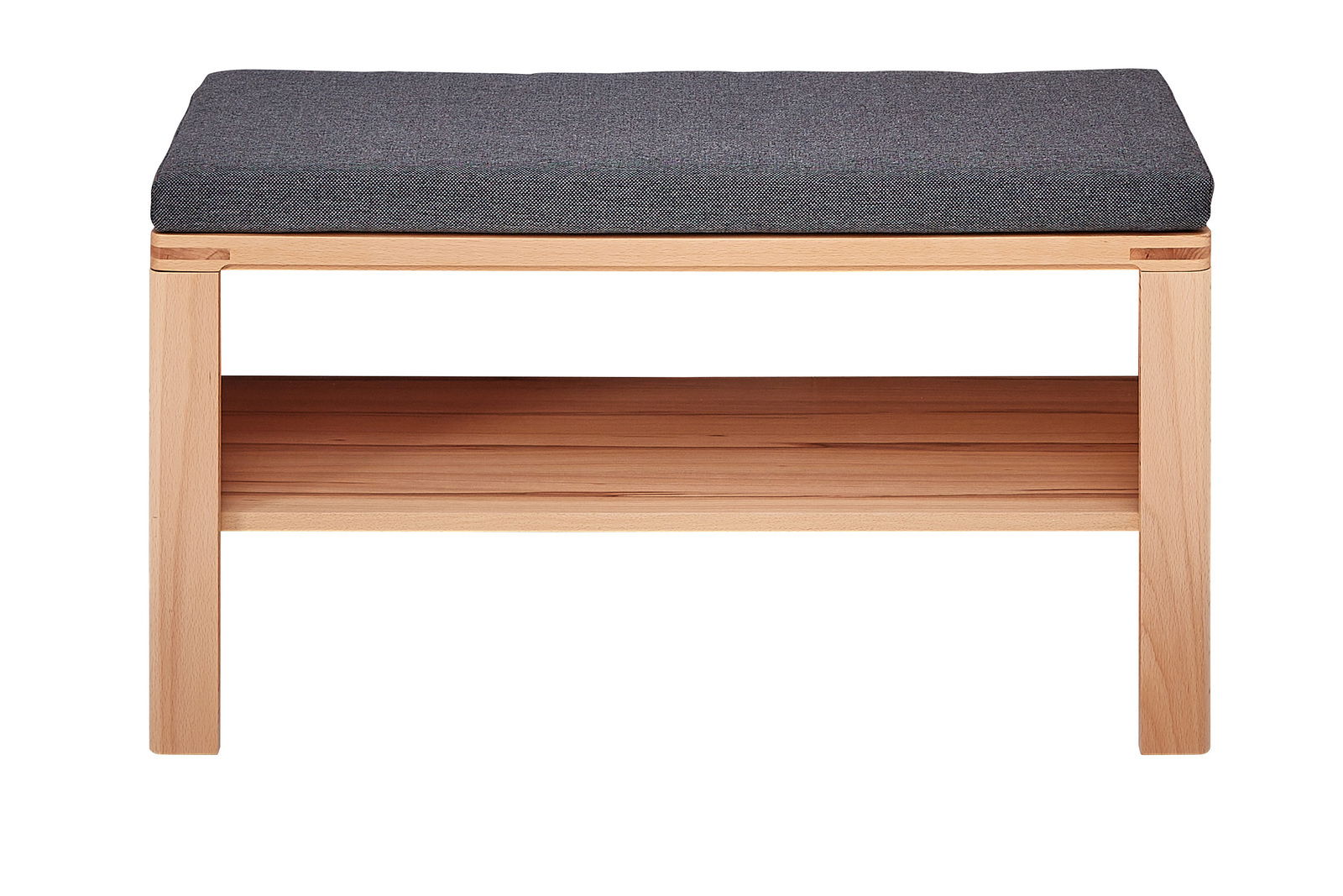 Garderobenbank aus Holz mit grauem Polster, frontal betrachtet