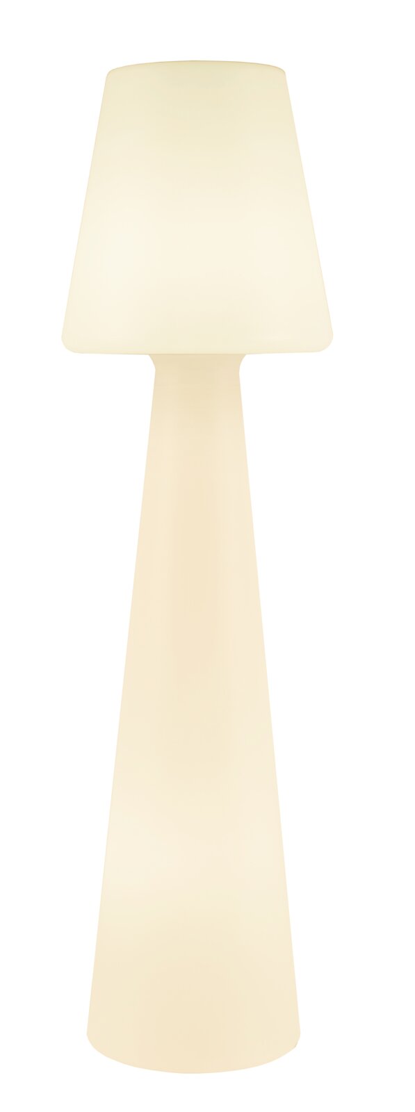 Newgarden LED-Outdoor Stehlampe LOLA Leuchtende, schlanke Stehleuchte in Cremeweiß mit konischem Schirm und langem Fuß, freigestellt vor schwarzem Hintergrund, Frontalansicht.
