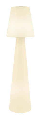 Leuchtende, schlanke Stehleuchte in Cremeweiß mit konischem Schirm und langem Fuß, freigestellt vor schwarzem Hintergrund, Frontalansicht.