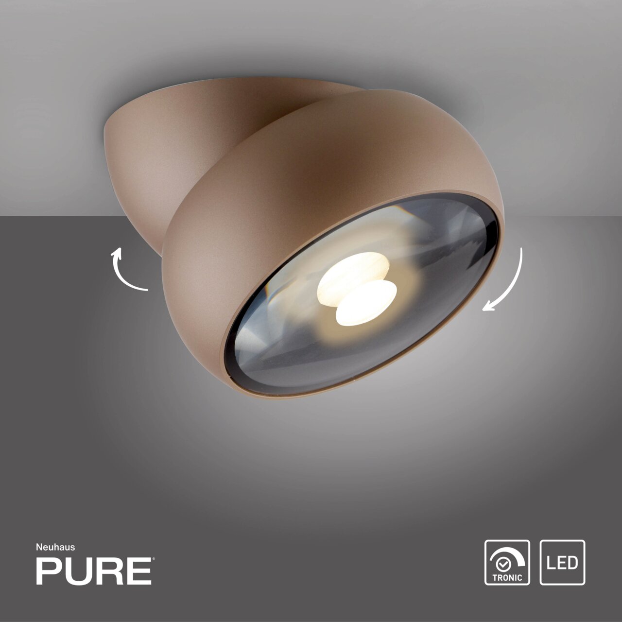 Moderne LED-plafondlamp in bruin met draaibaar ontwerp, zijaanzicht.