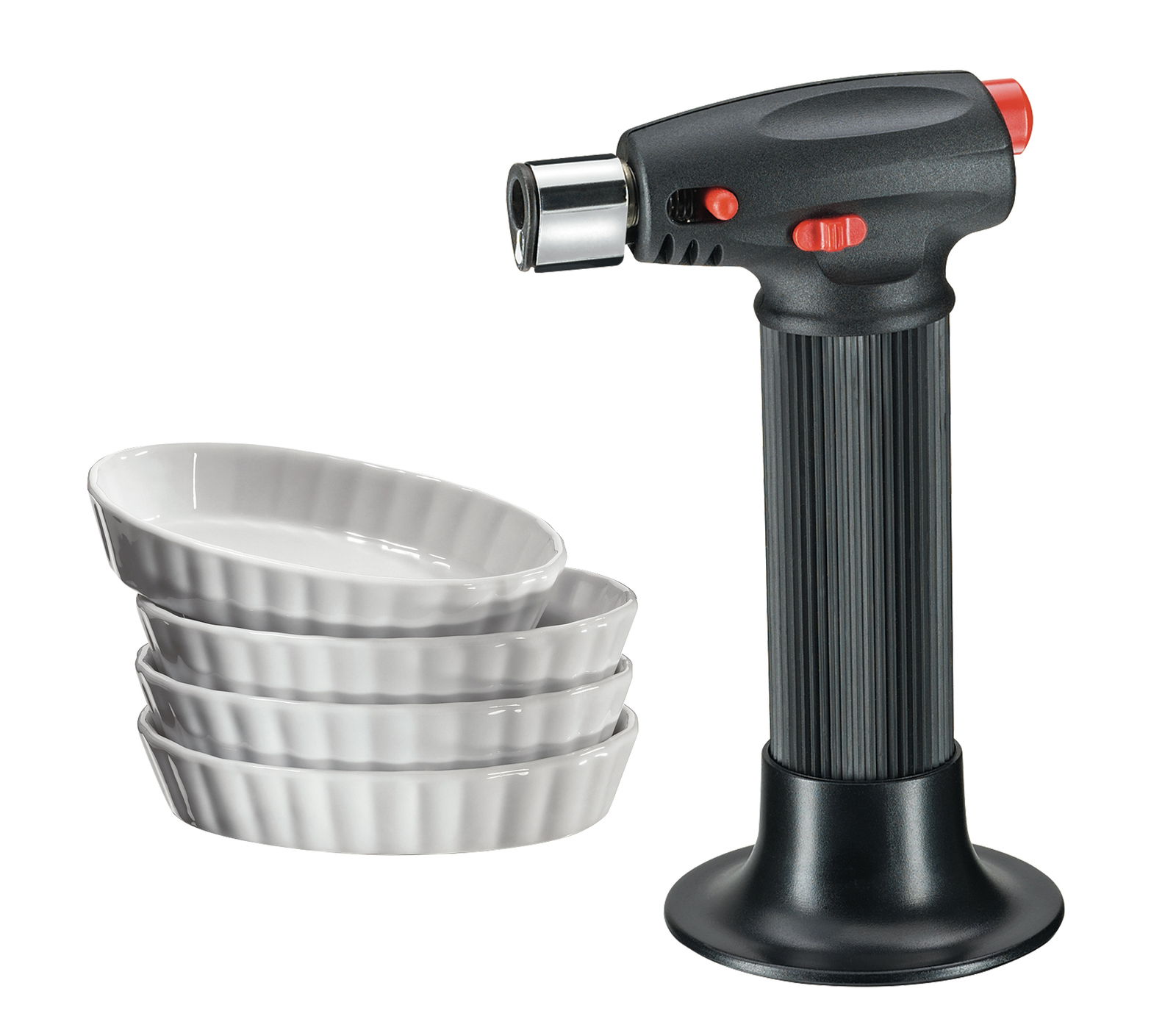 KÜCHENPROFI Creme Brulee Set 5-tlg. Creme Brulee Set mit vier weißen Keramikschälchen und einem schwarzen Flambierbrenner, seitliche Perspektive