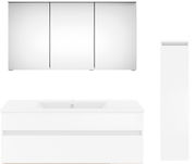 Moderne Badkombination mit Spiegelschrank, Waschbeckenunterschrank und hohem Seitenschrank, frontal abgebildet.