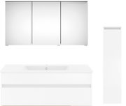 Moderne Badkombination mit Spiegelschrank, Waschbeckenunterschrank und hohem Seitenschrank, frontal abgebildet.