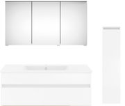 Moderne Badkombination mit Spiegelschrank, Waschbeckenunterschrank und hohem Seitenschrank, frontal abgebildet.