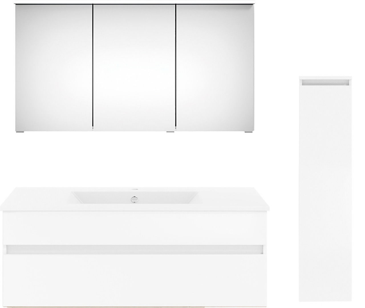 Moderne Badkombination mit Spiegelschrank, Waschbeckenunterschrank und hohem Seitenschrank, frontal abgebildet.