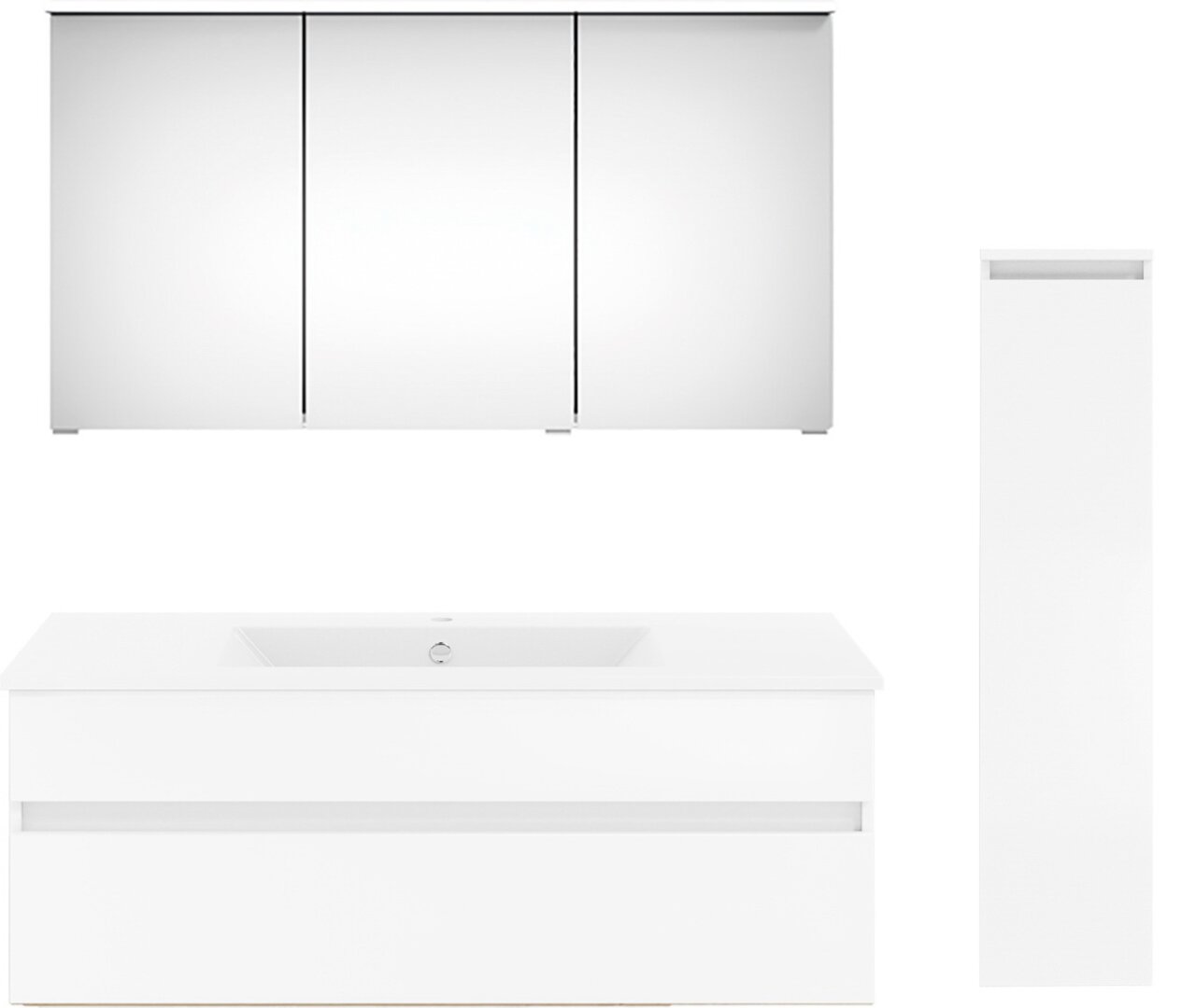 Moderne Badkombination mit Spiegelschrank, Waschbeckenunterschrank und hohem Seitenschrank, frontal abgebildet.