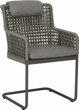 Moderner Freischwinger-Stuhl mit grauem Geflecht und gepolstertem Sitz, seitliche Perspektive