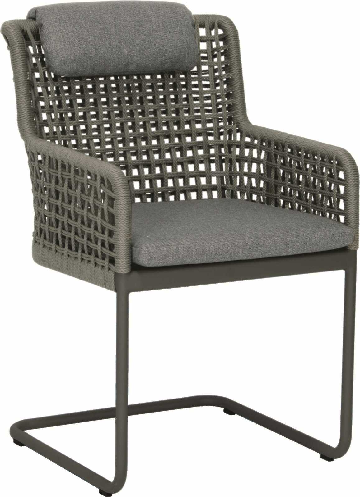 Moderner Freischwinger-Stuhl mit grauem Geflecht und gepolstertem Sitz, seitliche Perspektive