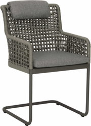 Moderner Freischwinger-Stuhl mit grauem Geflecht und gepolstertem Sitz, seitliche Perspektive