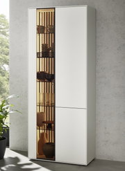 Moderne Standvitrine mit einer Kombination aus Glas- und Holztüren, rechte Perspektive, dekoriert mit Geschirr und Vasen.