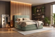 Groen gestoffeerd boxspringbed met hoog hoofdbord in moderne slaapkamer, schuin van voren gefotografeerd (driekwartperspectief), met houten wand, open boekenkast en kamerplanten