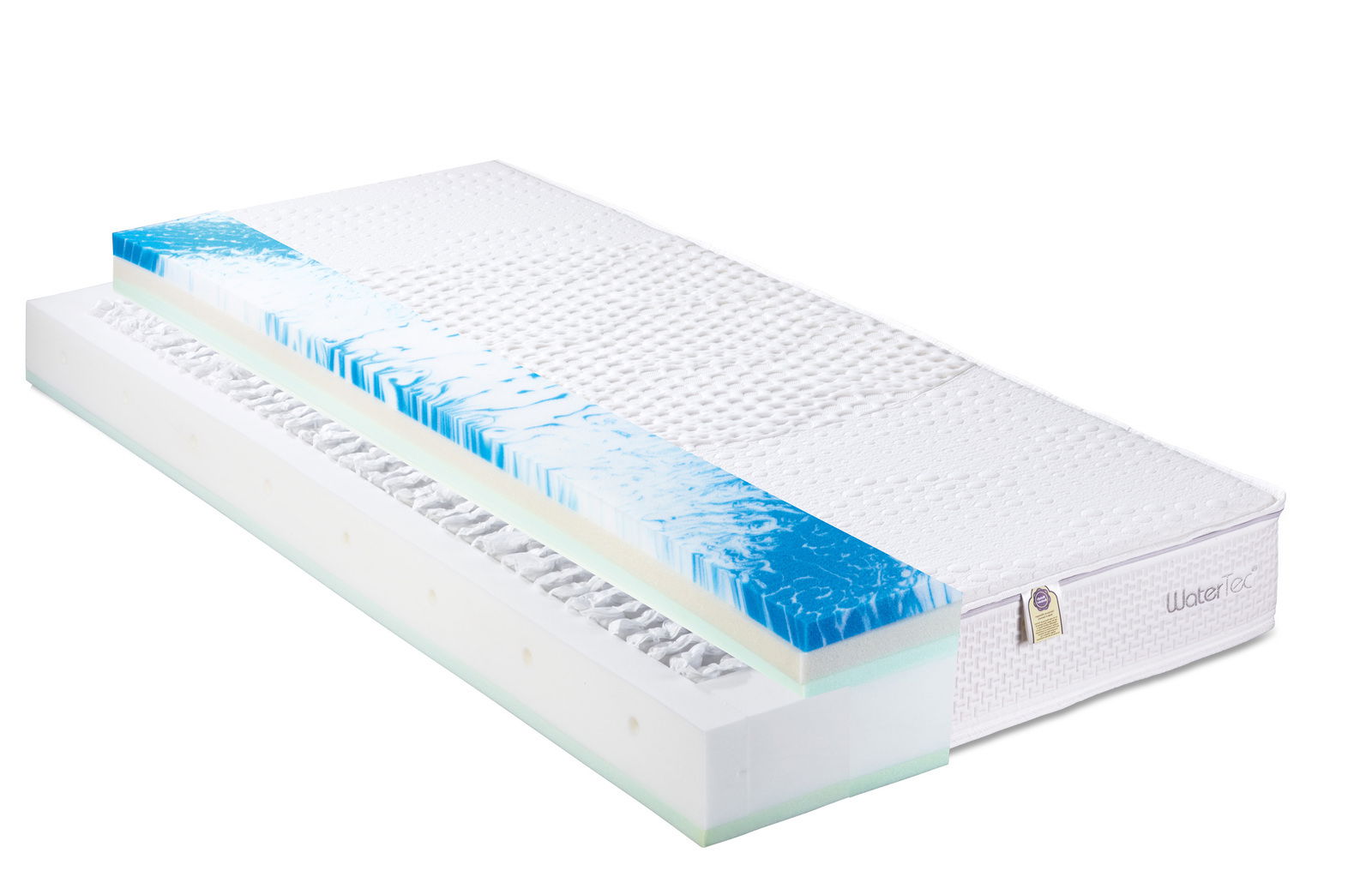 Max Berger Taschenfederkernmatratze WATERFLEX 1000 Querschnitt einer Taschenfederkernmatratze mit blauer und weißer Schaumstoffschicht, seitliche Perspektive