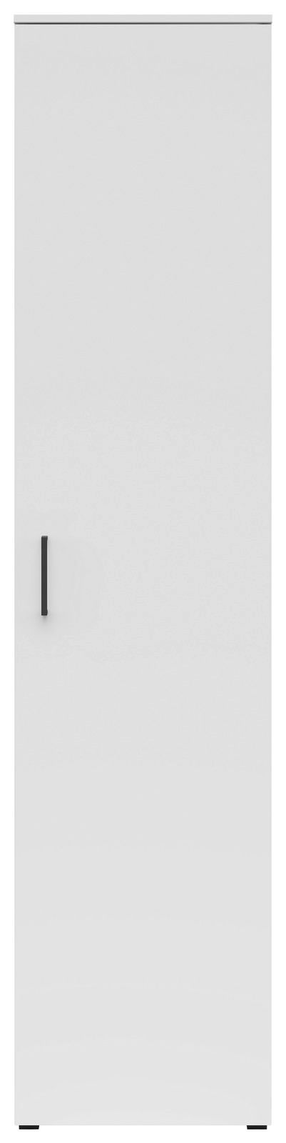 Frontansicht eines weißen Mehrzweckschranks mit schwarzem Griff.