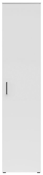 Frontansicht eines weißen Mehrzweckschranks mit schwarzem Griff.