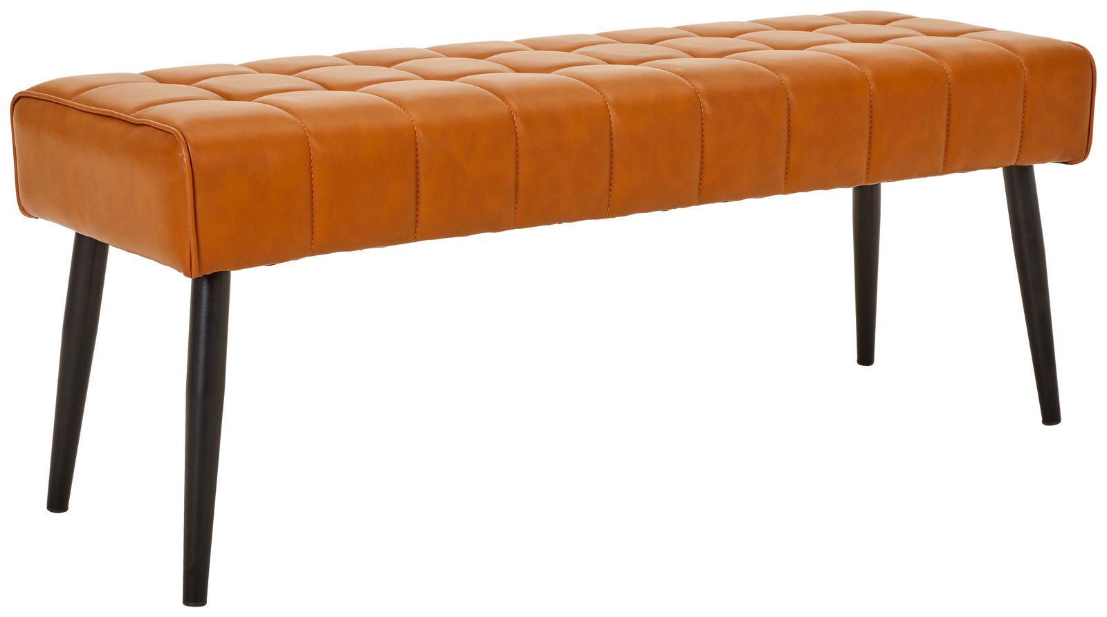 Sitzbank mit braunem, gestepptem Lederbezug und schwarzen Beinen, seitliche Perspektive