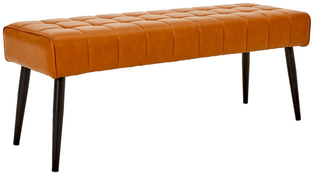 Bank met bruine, doorgestikte lederen bekleding en zwarte poten, zijaanzicht